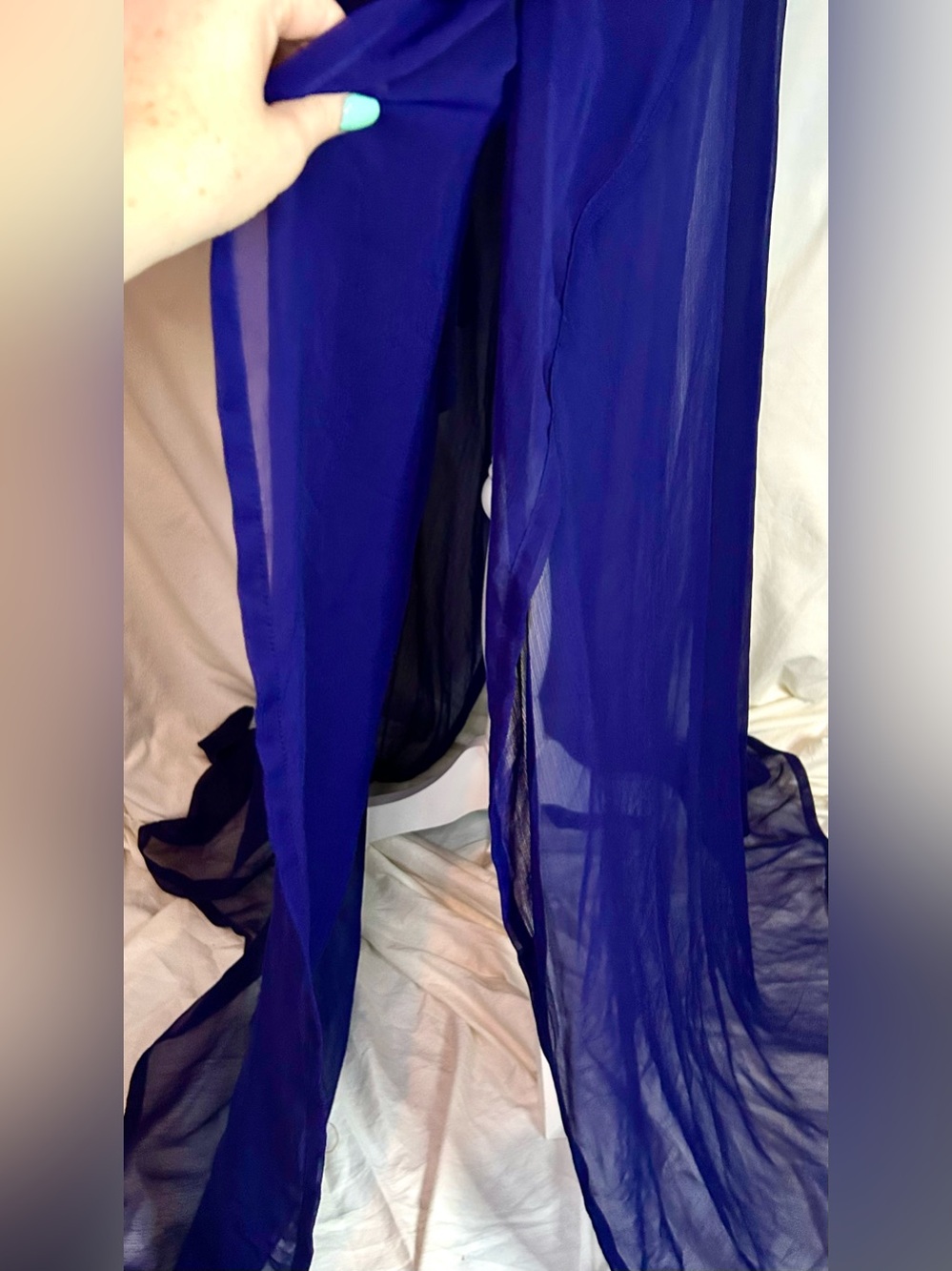 Royal Blue Sheer Hand Beaded Gold, Multicolor Farasha Kaftan Gown, Free Size - Picture 10 of 17